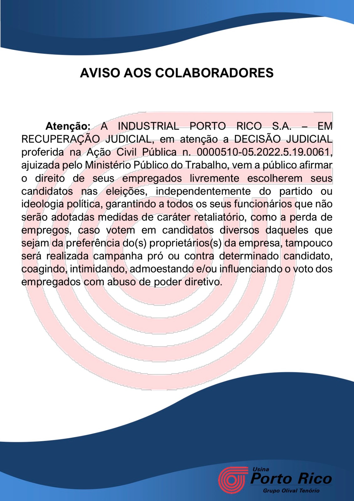 Nota sobre as Eleições de 2024 da Usina Porto Rico